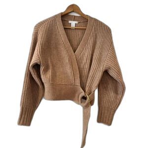 Design History Wrap Sweater Side Buckle Ribbed Small Brown Gingersnap